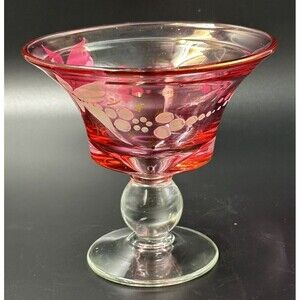 Hand Painted Design on Cranberry Glass Footed Bowl with Clear Glass Pedestal
